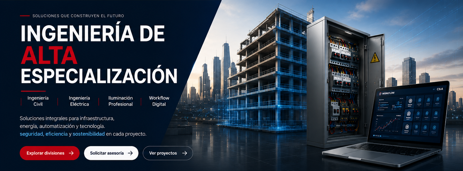 Ingeniería de alta especialización: civil, eléctrica, iluminación profesional y workflow profesional